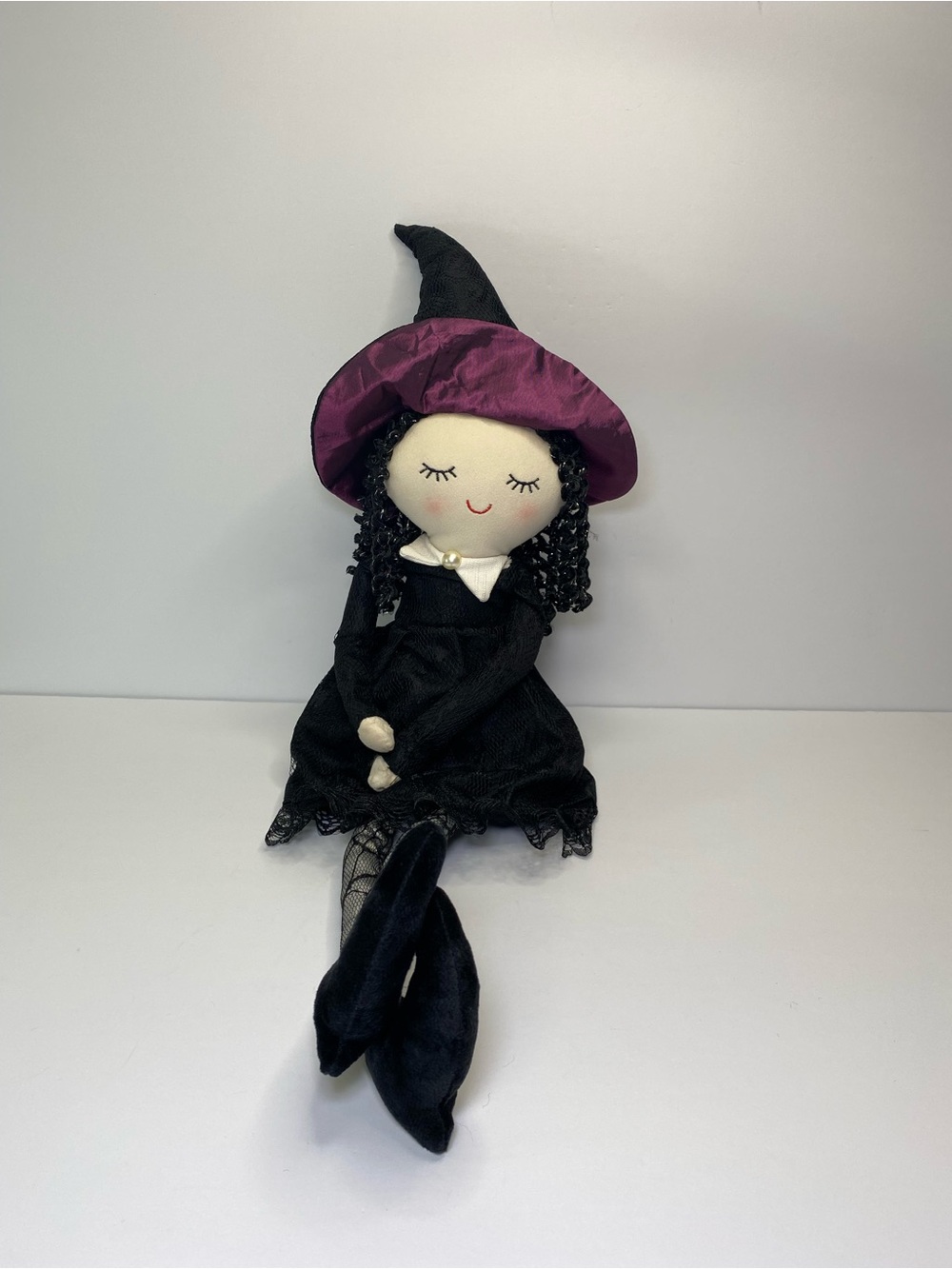 Spooky-Cute Halloween Witch Plush Shelf Sitter-Doorstop Decor 25" Black Purple